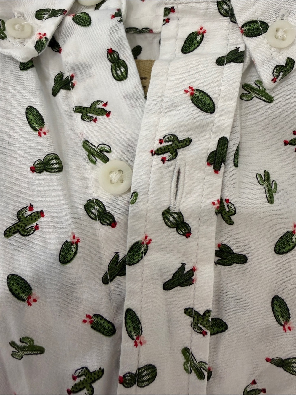 True Craft White Short-Sleeve Button Down Shirt with Green Cactus Print